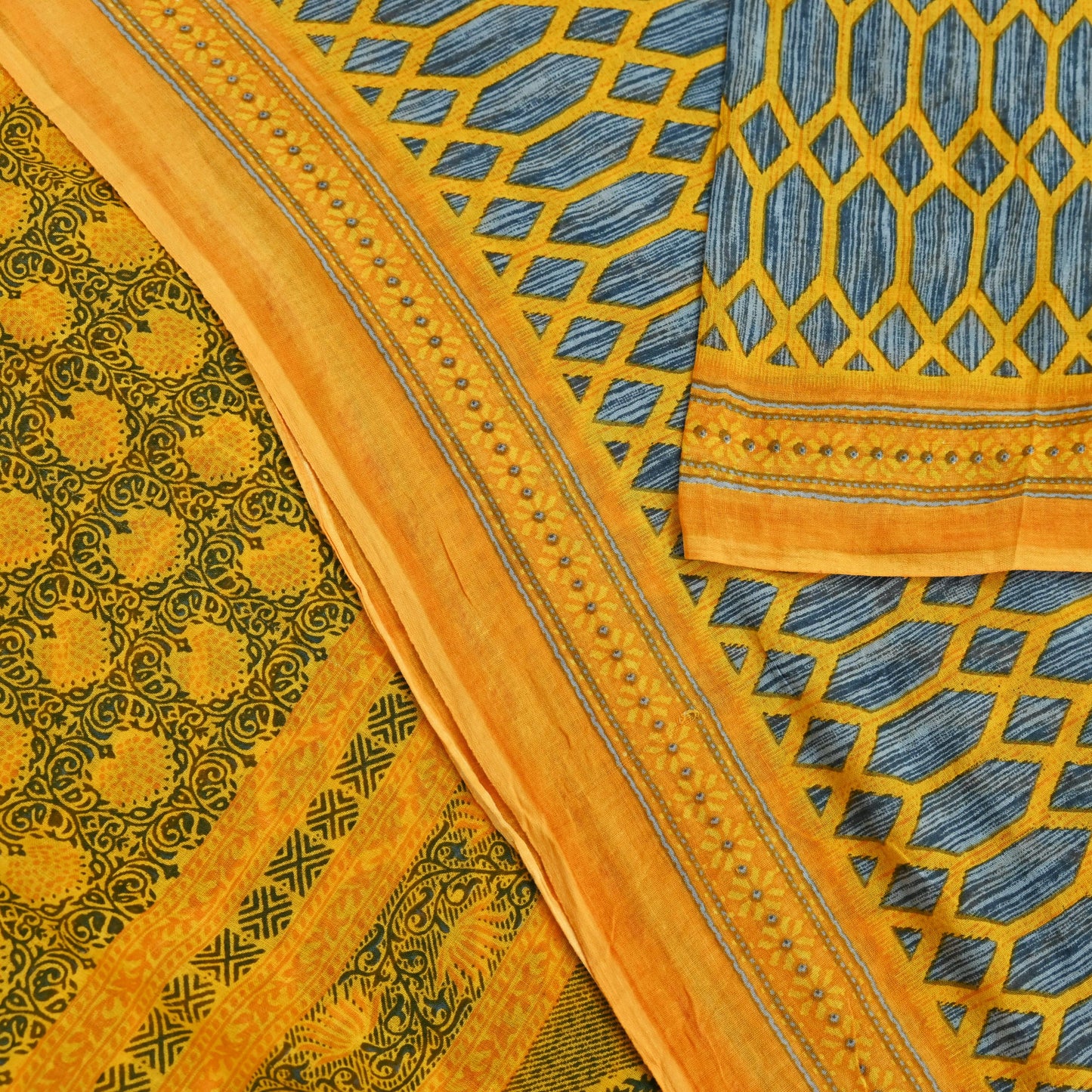 Indian Vintage Gray & Yellow Saree Printed Pure Cotton Sari Craft Fabric 5Yd Soft Sewing Sarong Wrap Boho Floral Dress making Crafting