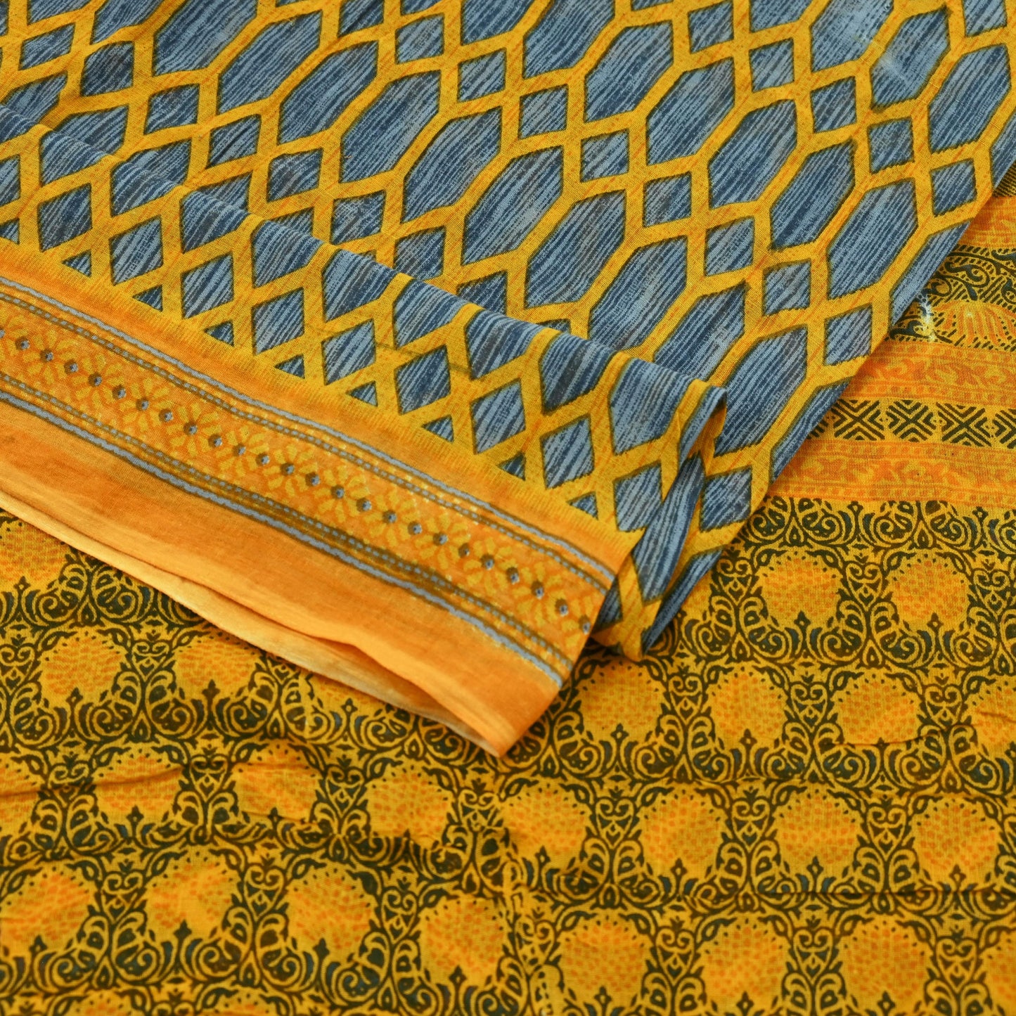 Indian Vintage Gray & Yellow Saree Printed Pure Cotton Sari Craft Fabric 5Yd Soft Sewing Sarong Wrap Boho Floral Dress making Crafting