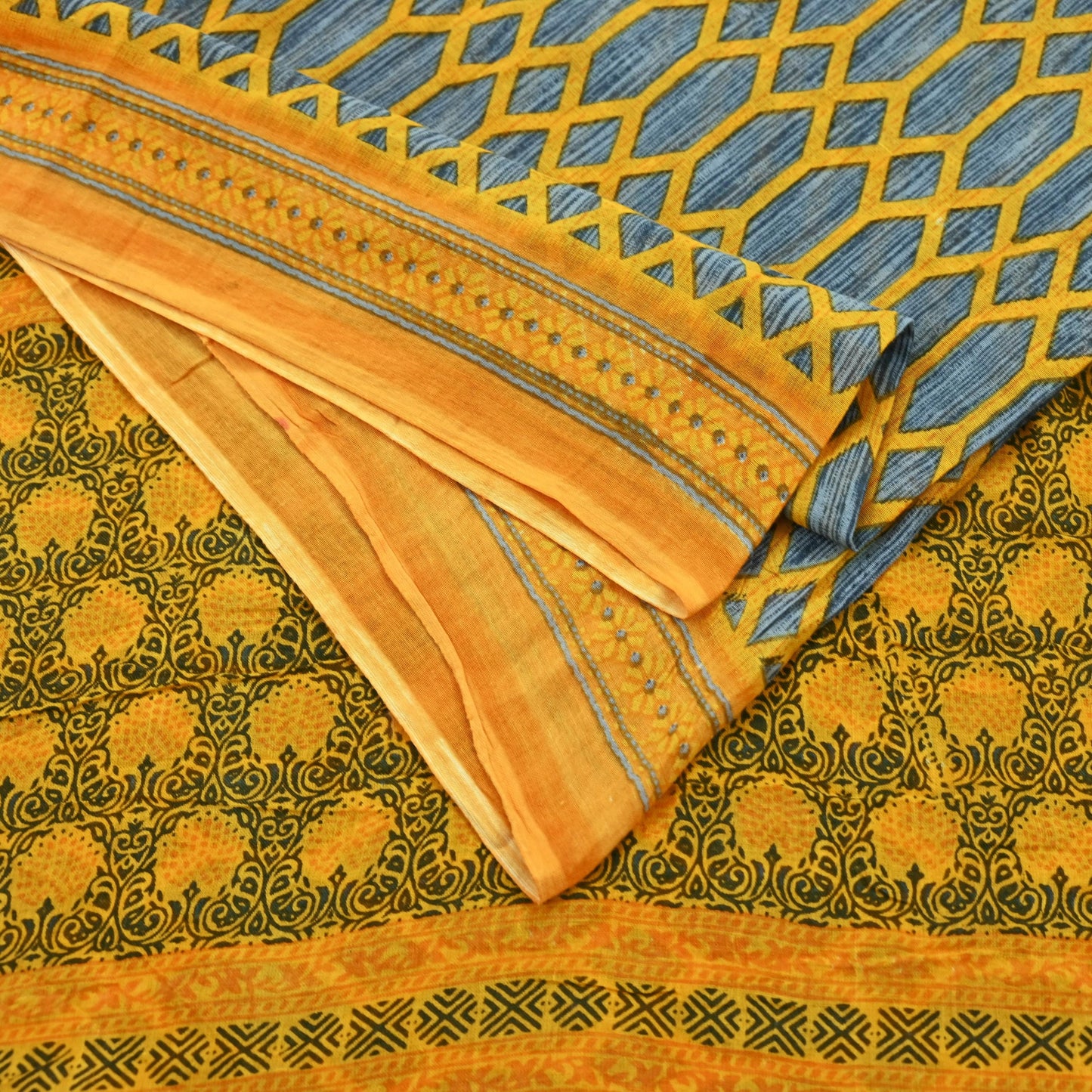 Indian Vintage Gray & Yellow Saree Printed Pure Cotton Sari Craft Fabric 5Yd Soft Sewing Sarong Wrap Boho Floral Dress making Crafting