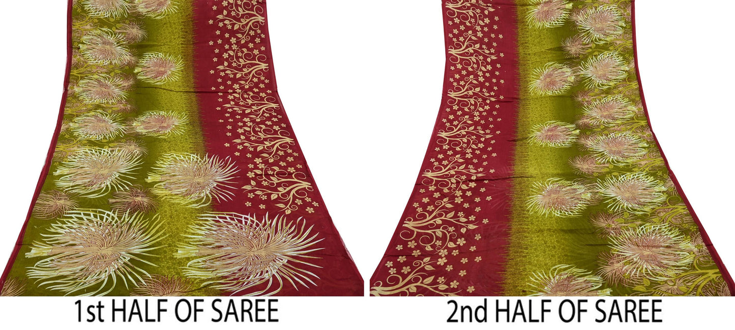 Indian Vintage Sari Green & Red Printed Pure Cotton Saree Craft Fabric 5Yd Sewing Sarong Wrap Boho Floral Crafting Upcycle Quilting Used
