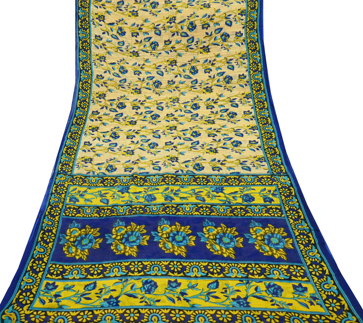 Indian Vintage Sari Blue & Beige Printed 100% Pure Cotton Sarees Craft Fabric 5Yd Sewing Soft Sarong Wrap Floral Dress Making Shrug Quilting