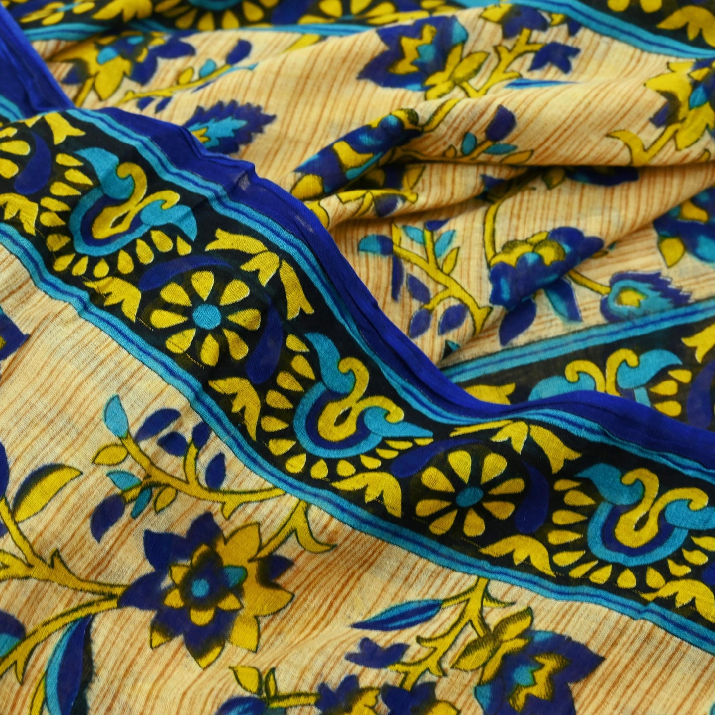 Indian Vintage Sari Blue & Beige Printed 100% Pure Cotton Sarees Craft Fabric 5Yd Sewing Soft Sarong Wrap Floral Dress Making Shrug Quilting