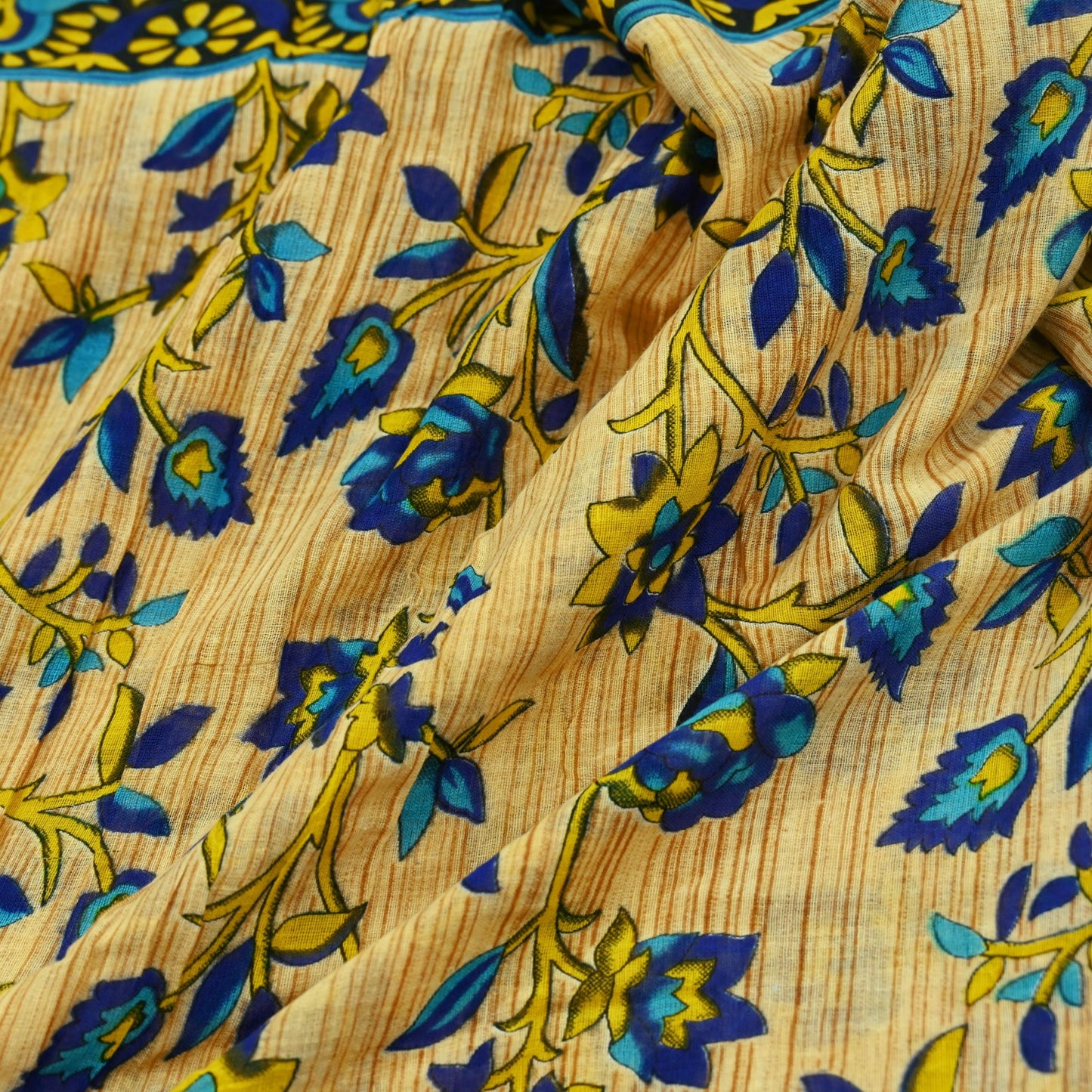 Indian Vintage Sari Blue & Beige Printed 100% Pure Cotton Sarees Craft Fabric 5Yd Sewing Soft Sarong Wrap Floral Dress Making Shrug Quilting