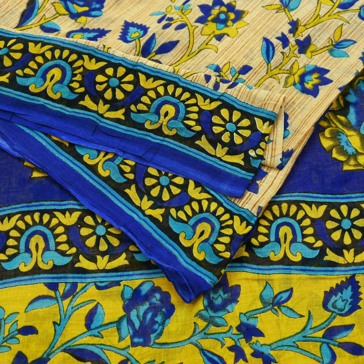 Indian Vintage Sari Blue & Beige Printed 100% Pure Cotton Sarees Craft Fabric 5Yd Sewing Soft Sarong Wrap Floral Dress Making Shrug Quilting