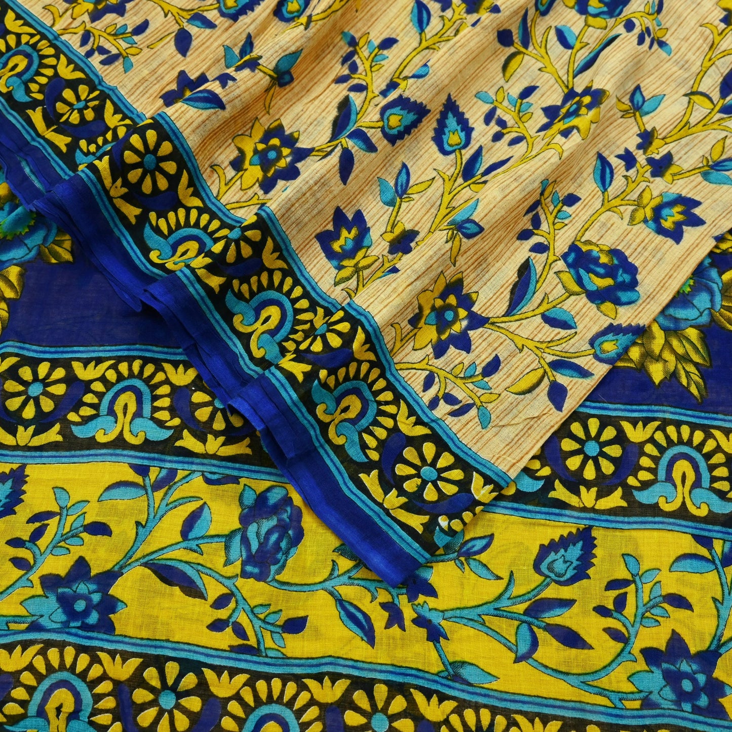 Indian Vintage Sari Blue & Beige Printed 100% Pure Cotton Sarees Craft Fabric 5Yd Sewing Soft Sarong Wrap Floral Dress Making Shrug Quilting
