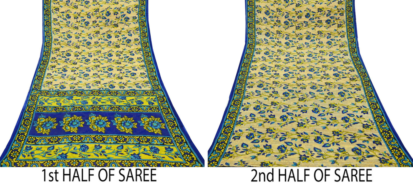 Indian Vintage Sari Blue & Beige Printed 100% Pure Cotton Sarees Craft Fabric 5Yd Sewing Soft Sarong Wrap Floral Dress Making Shrug Quilting