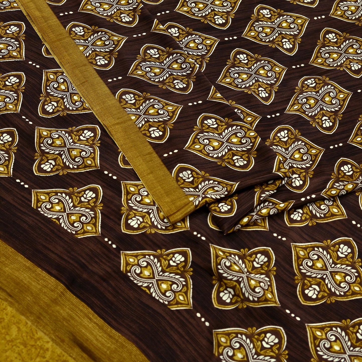 Indian Vintage Saree Brown Moss Crepe Printed Sari Fabric 6yd Sewing Floral Soft Craft Fabric Dressmaking Quilting For Crafting
