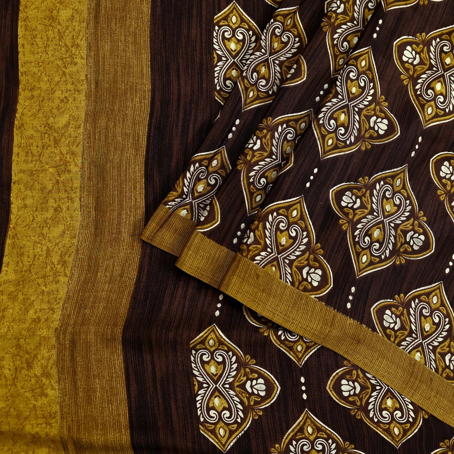 Indian Vintage Saree Brown Moss Crepe Printed Sari Fabric 6yd Sewing Floral Soft Craft Fabric Dressmaking Quilting For Crafting