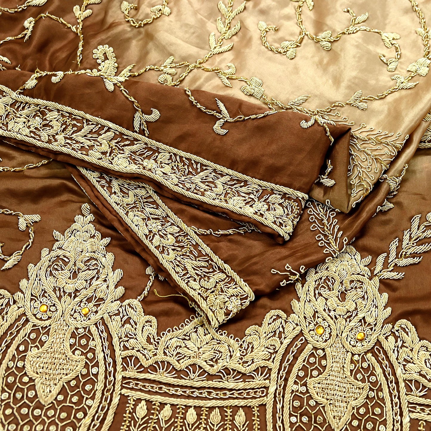 Indian Vintage Heavy Wedding Golden & Brown Dupatta Pure Satin Silk Long Stole Hand Embroidered Scarves Golden Zardozi Veil