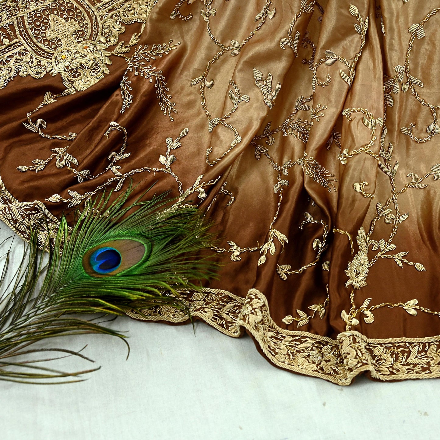 Indian Vintage Heavy Wedding Golden & Brown Dupatta Pure Satin Silk Long Stole Hand Embroidered Scarves Golden Zardozi Veil