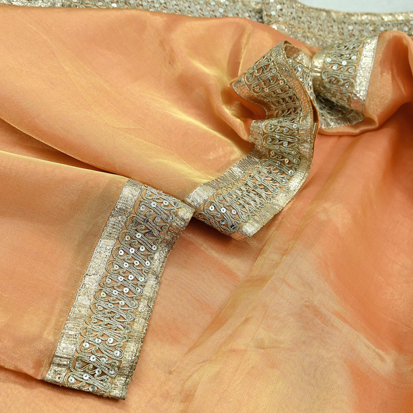 Indian Vintage Golden Peach Heavy Saree Hand Embroidered Designer Tissue Silk Sari Fabric 6Yd Ethnic Floral Zari Brocade border