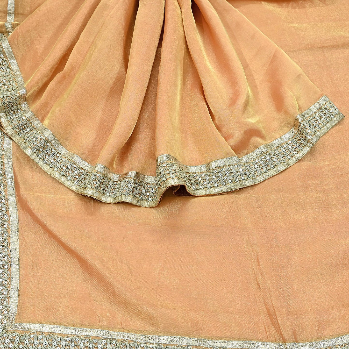 Indian Vintage Golden Peach Heavy Saree Hand Embroidered Designer Tissue Silk Sari Fabric 6Yd Ethnic Floral Zari Brocade border