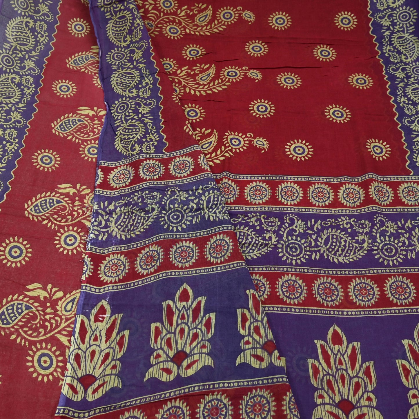 Indian Vintage Sari Purple & Red Block Printed Pure Cotton Saree Craft Fabric 5Yd Sewing Sarong Wrap Boho Floral Crafting Upcycle Quilting