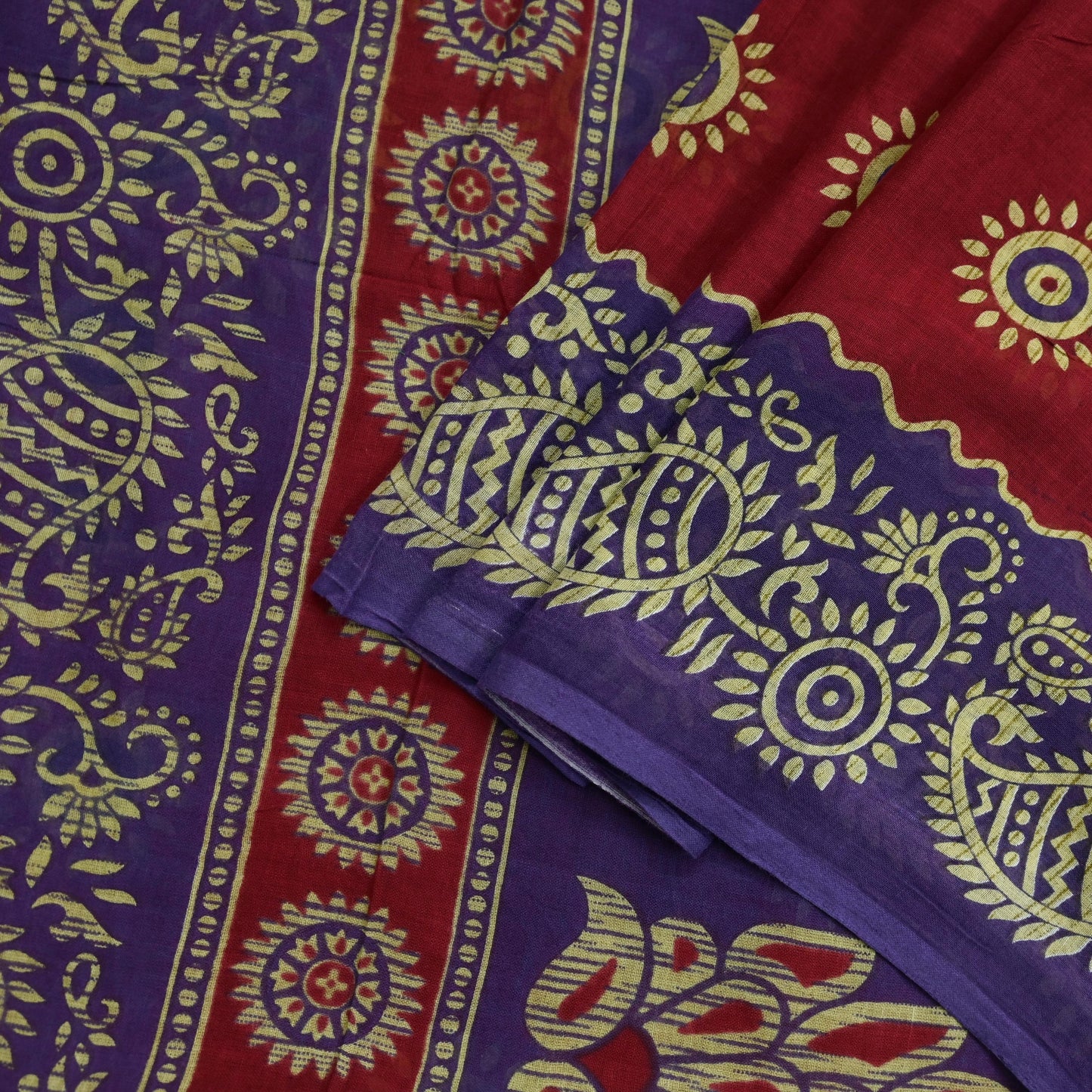 Indian Vintage Sari Purple & Red Block Printed Pure Cotton Saree Craft Fabric 5Yd Sewing Sarong Wrap Boho Floral Crafting Upcycle Quilting