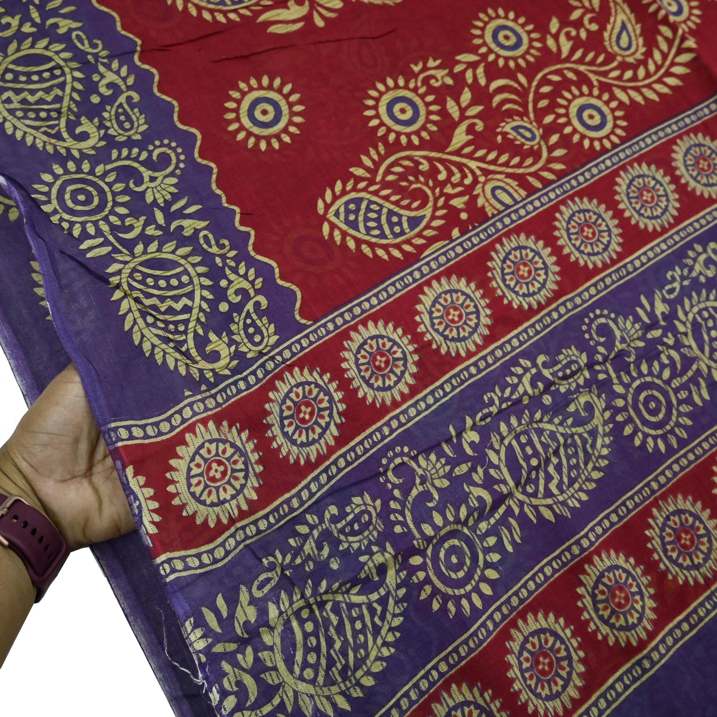 Indian Vintage Sari Purple & Red Block Printed Pure Cotton Saree Craft Fabric 5Yd Sewing Sarong Wrap Boho Floral Crafting Upcycle Quilting