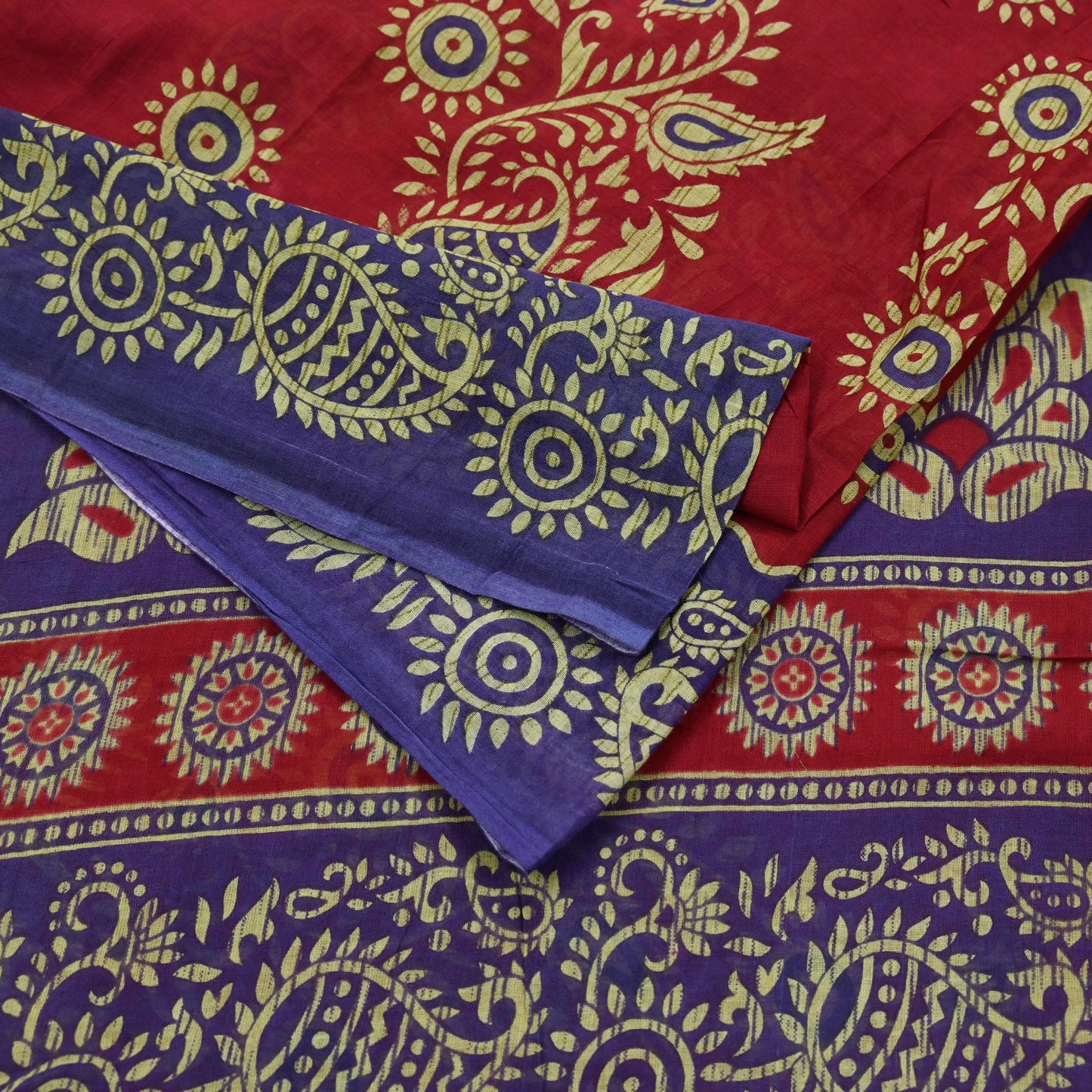 Indian Vintage Sari Purple & Red Block Printed Pure Cotton Saree Craft Fabric 5Yd Sewing Sarong Wrap Boho Floral Crafting Upcycle Quilting