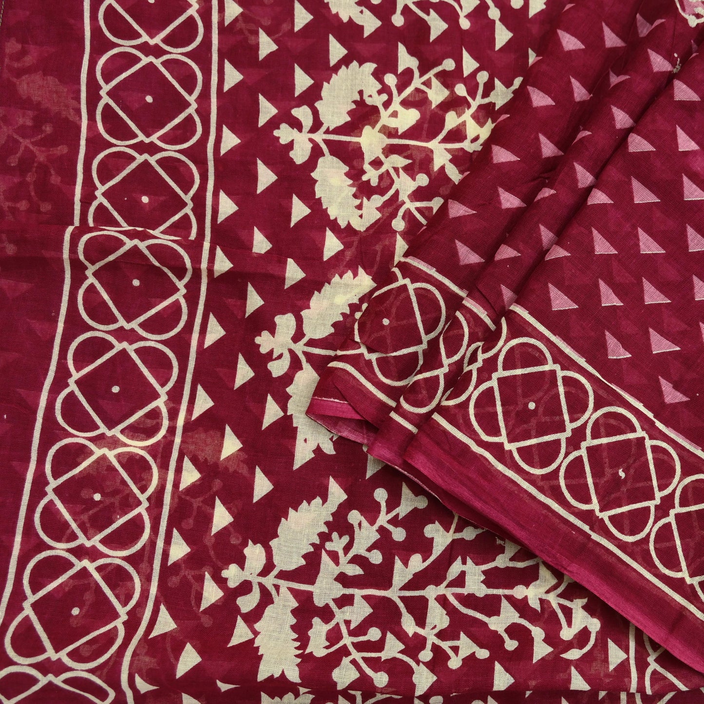Indian Vintage Sari Ivory & Maroon Printed Pure Cotton Saree Fabric Soft Floral 5Yd Sarong Wrap Boho Fabric Kimono Soft