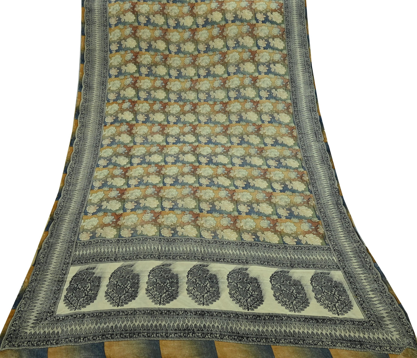 Indian Vintage Sari Multi Pure Crepe Silk Block Printed Saree 5yd Sewing Floral Soft Craft Fabric Wrap Dress making Crafting Quilting