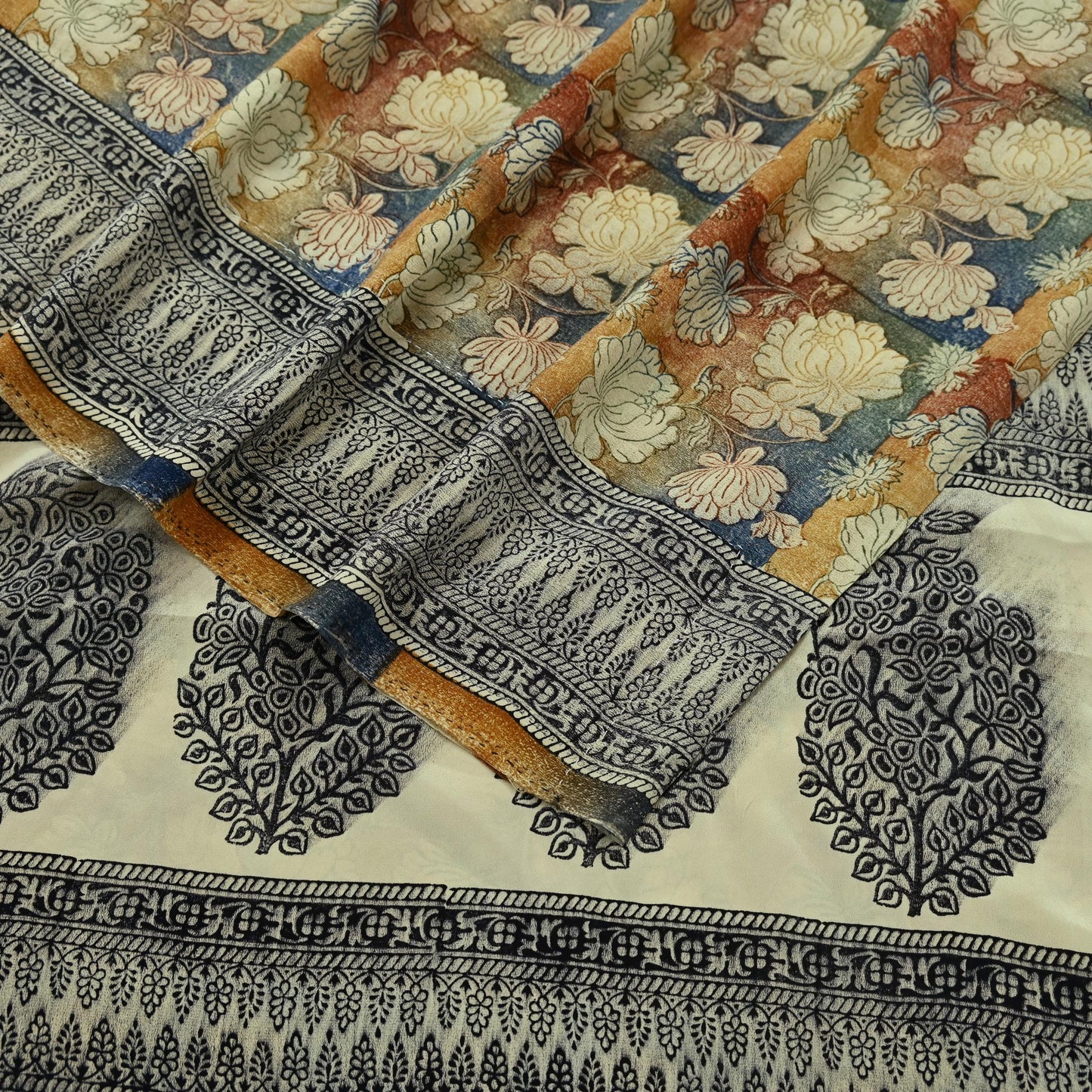 Indian Vintage Sari Multi Pure Crepe Silk Block Printed Saree 5yd Sewing Floral Soft Craft Fabric Wrap Dress making Crafting Quilting