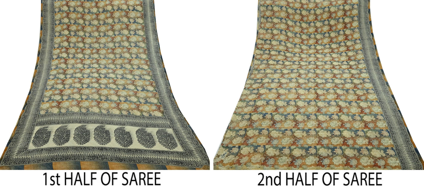 Indian Vintage Sari Multi Pure Crepe Silk Block Printed Saree 5yd Sewing Floral Soft Craft Fabric Wrap Dress making Crafting Quilting