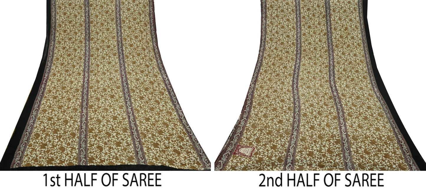 Women Vintage Sari Ivory 100% Pure Georgette Silk Printed Saree Craft Fabric Sewing 5Yd Soft Sari Dress Making Crafting Quilting