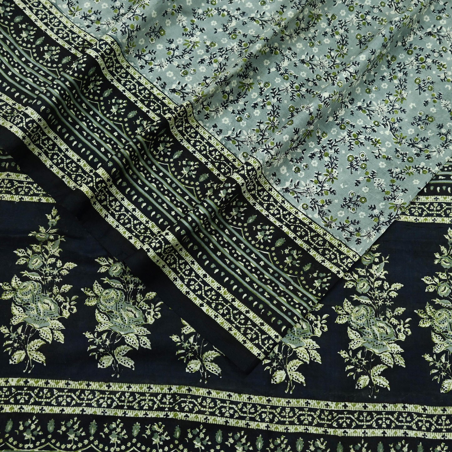 Indian Vintage Sari Black & Gray 100% Pure Silk Printed Saree 5yd Sewing Craft Fabric Dress Making Soft Crafting Quilting Upcycle Used