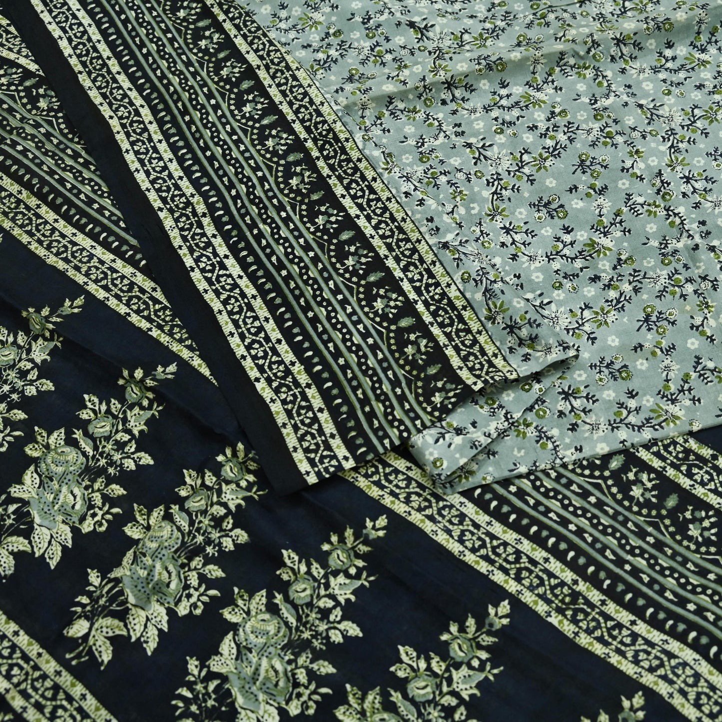 Indian Vintage Sari Black & Gray 100% Pure Silk Printed Saree 5yd Sewing Craft Fabric Dress Making Soft Crafting Quilting Upcycle Used