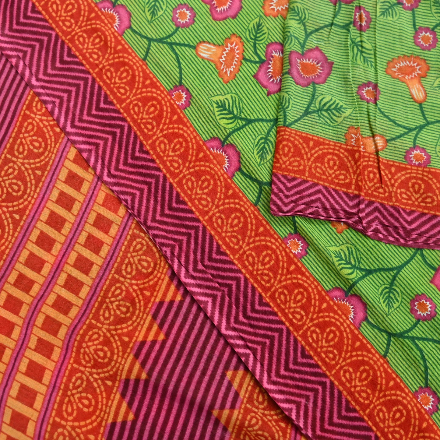 Indian Vintage Sari Green Printed Pure Cotton Sarees 5Yd Craft Fabric Soft Sewing Sarong Wrap Boho Upcycle quilting Dress making