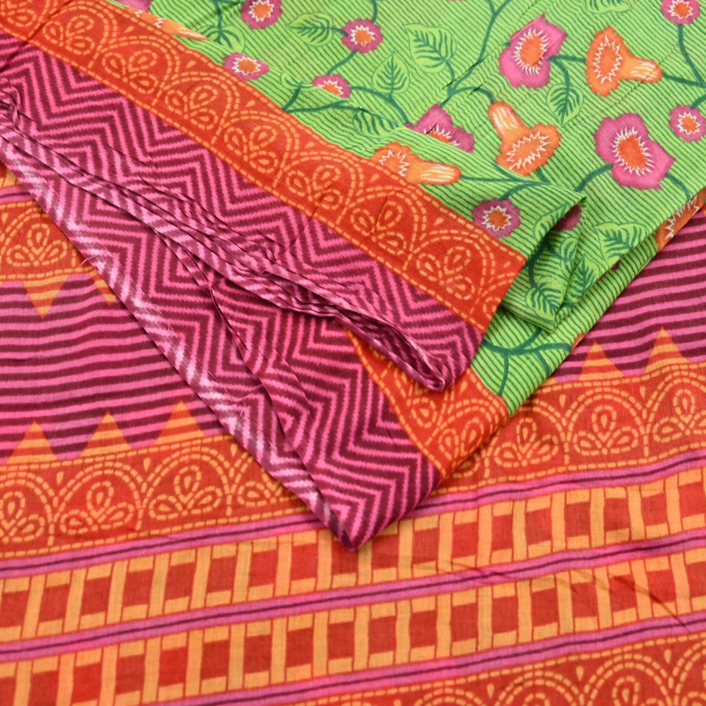 Indian Vintage Sari Green Printed Pure Cotton Sarees 5Yd Craft Fabric Soft Sewing Sarong Wrap Boho Upcycle quilting Dress making