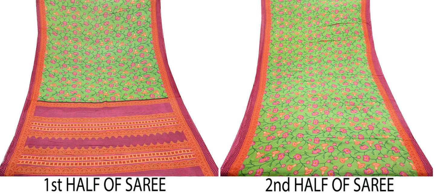 Indian Vintage Sari Green Printed Pure Cotton Sarees 5Yd Craft Fabric Soft Sewing Sarong Wrap Boho Upcycle quilting Dress making