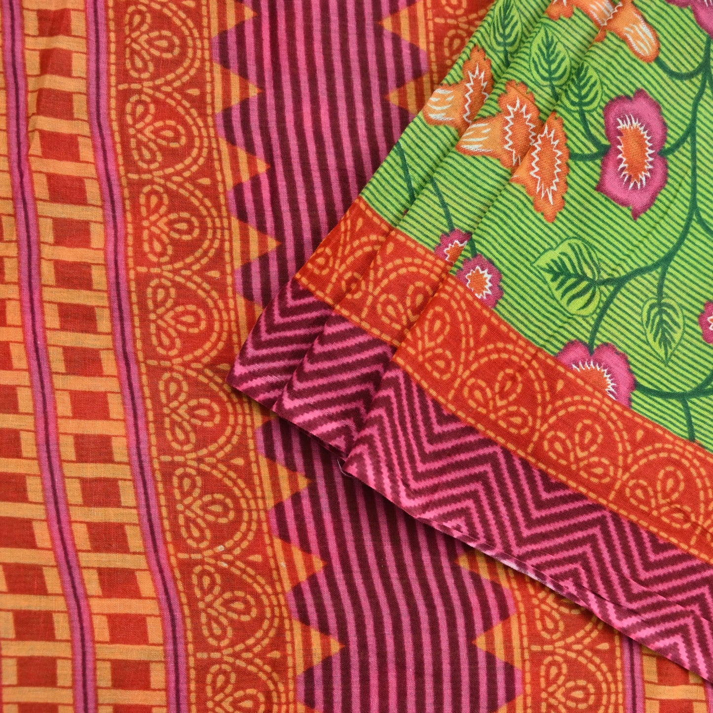 Indian Vintage Sari Green Printed Pure Cotton Sarees 5Yd Craft Fabric Soft Sewing Sarong Wrap Boho Upcycle quilting Dress making