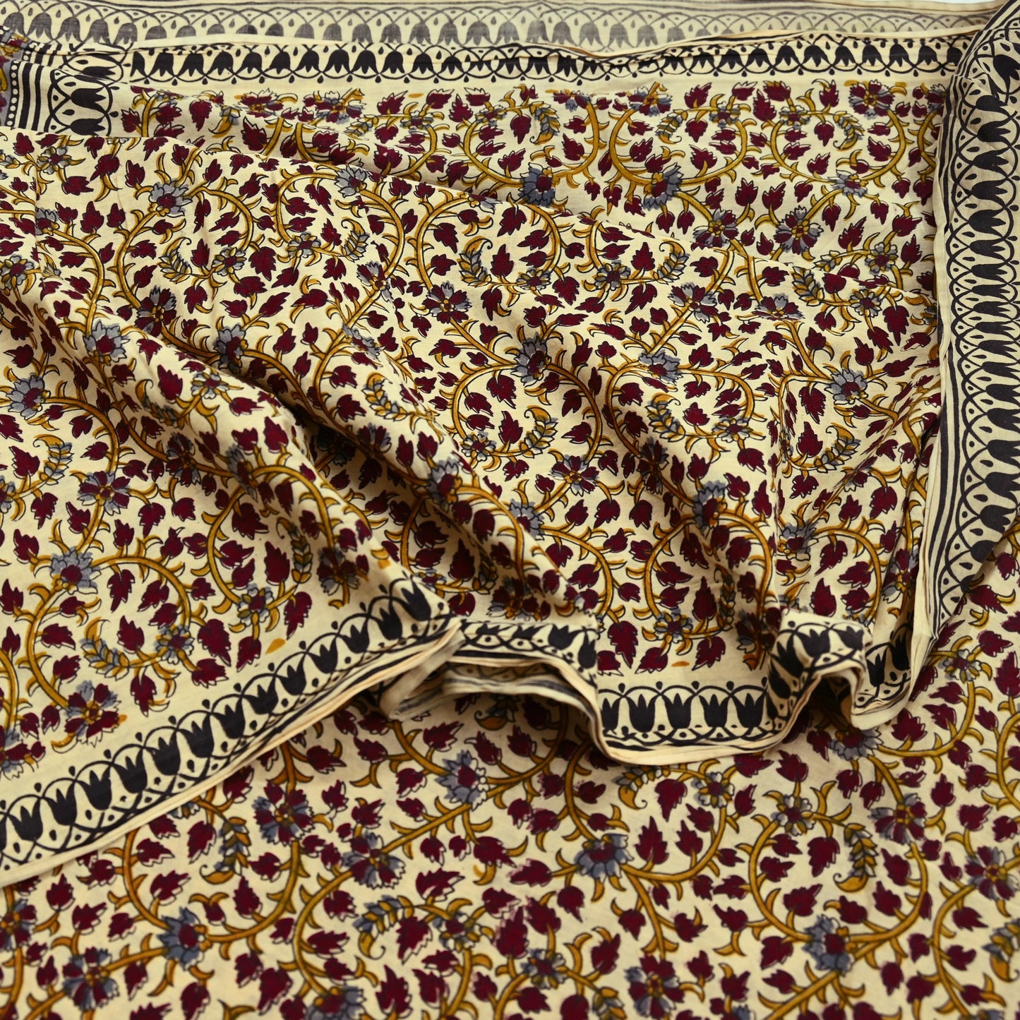 Indian Vintage Sari Ivory Block Printed Pure Cotton Sarees 5Yd Craft Fabric Sewing Sarong Wrap Boho Upcycle quilting Dress making