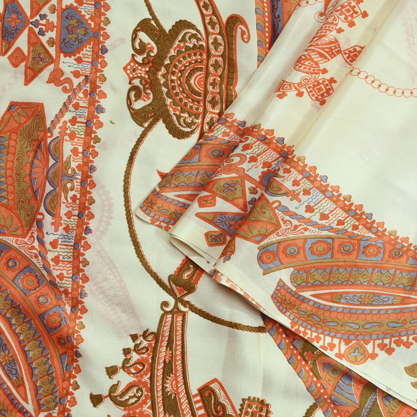 Indian Vintage Sari Ivory Pure Crepe Silk Printed Saree 5yd Sewing Floral Soft Craft Fabric Wrap Dress Making Crafting Quilting Upcycle