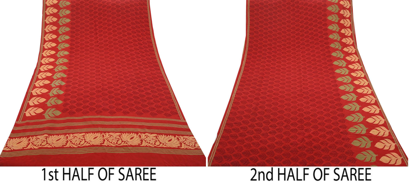 Indian Vintage Sari Red Pure Crepe Silk Printed Saree 5yd Sewing Floral Soft Craft Fabric Wrap Dress making Crafting Quilting Upcycle