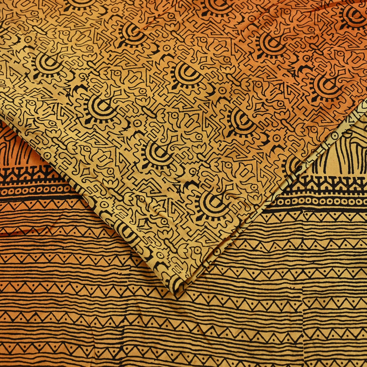 Indian Vintage Sari Orange & Beige Pure Satin Silk Printed Sarees 5yd Sewing Craft Fabric Dress Making Soft Upcycle Quilting Crafting
