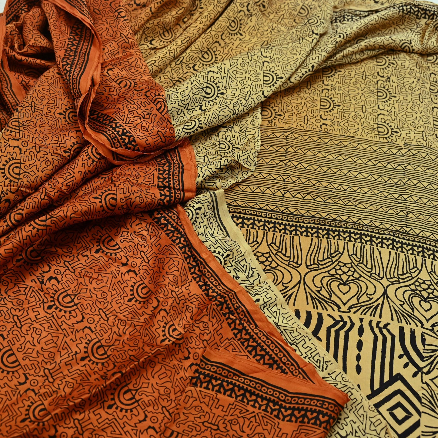 Indian Vintage Sari Orange & Beige Pure Satin Silk Printed Sarees 5yd Sewing Craft Fabric Dress Making Soft Upcycle Quilting Crafting