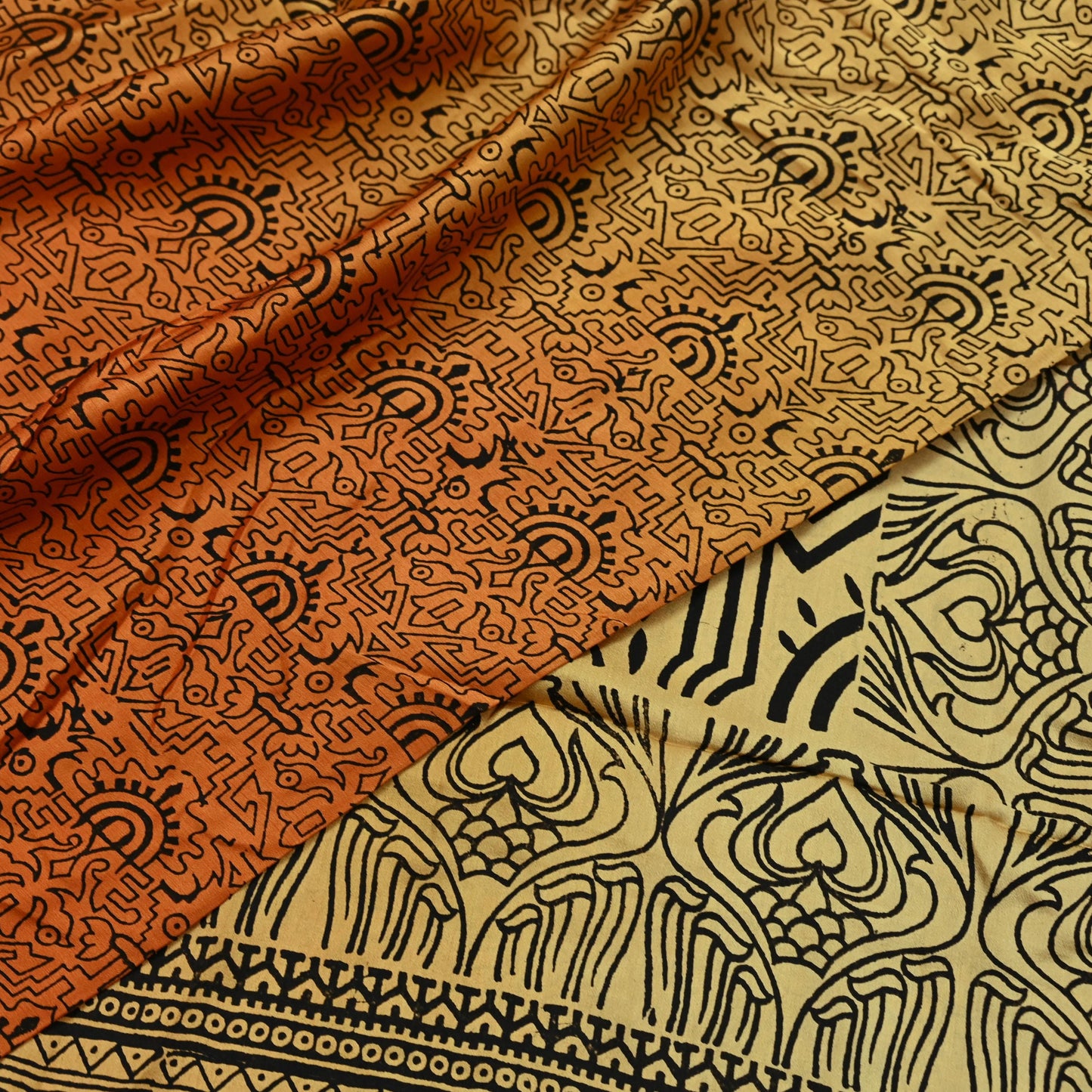 Indian Vintage Sari Orange & Beige Pure Satin Silk Printed Sarees 5yd Sewing Craft Fabric Dress Making Soft Upcycle Quilting Crafting