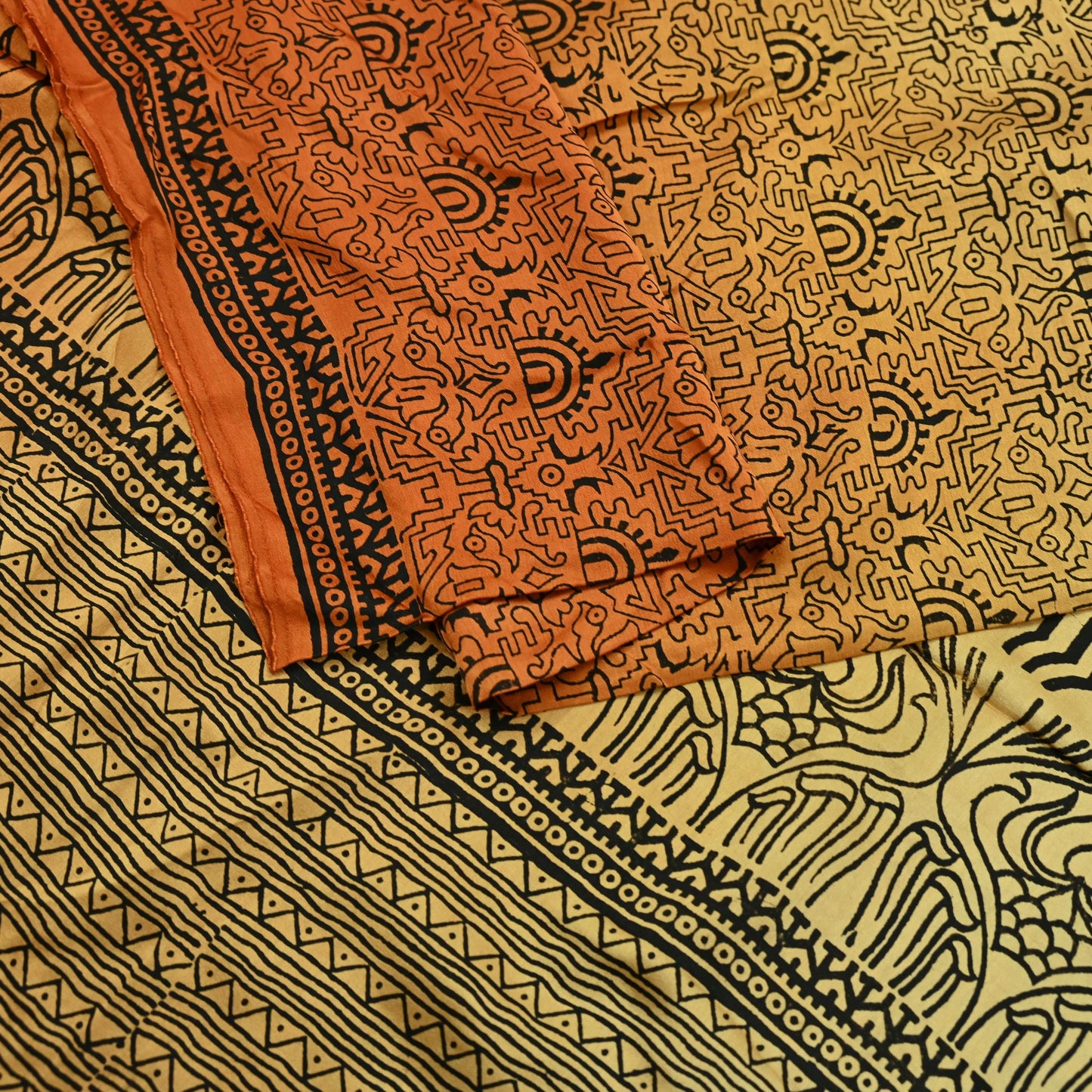 Indian Vintage Sari Orange & Beige Pure Satin Silk Printed Sarees 5yd Sewing Craft Fabric Dress Making Soft Upcycle Quilting Crafting