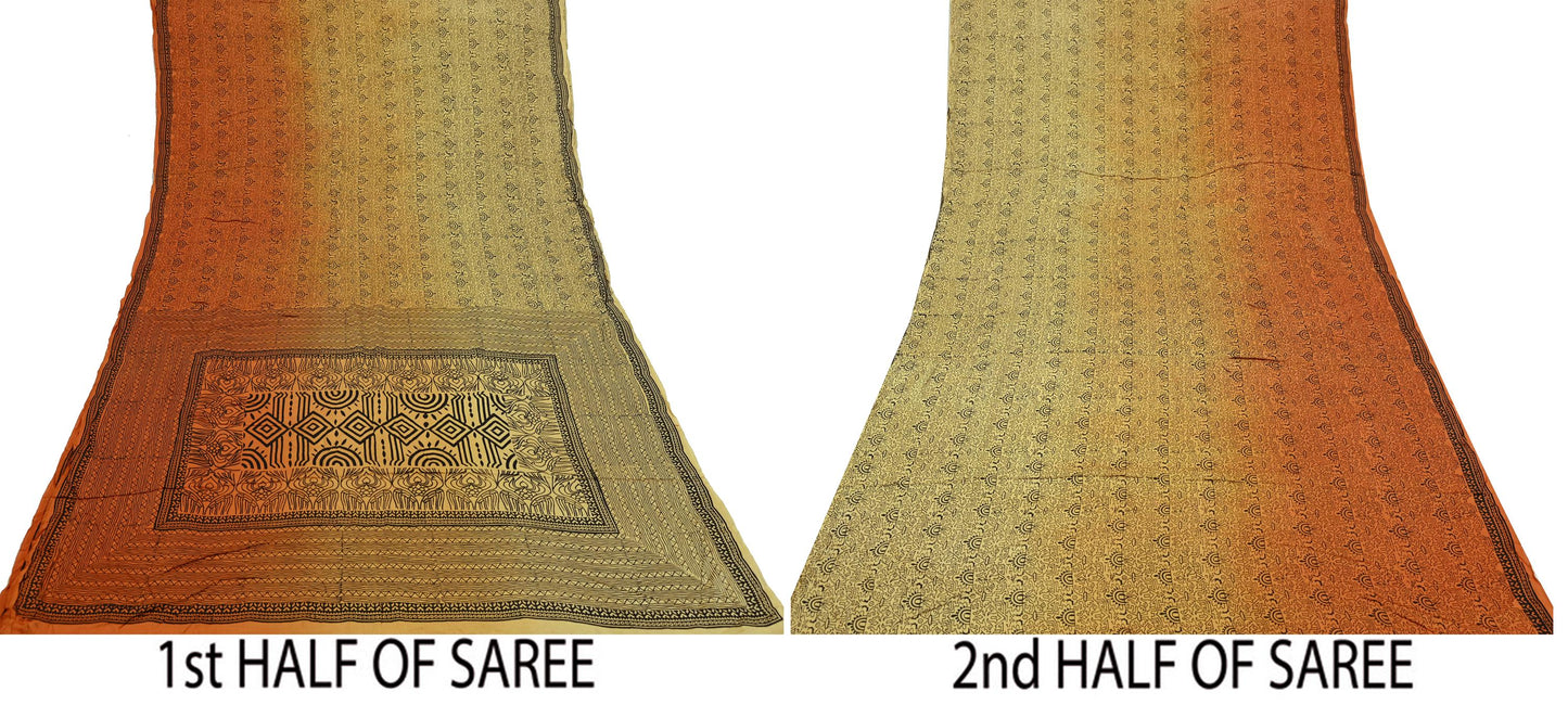 Indian Vintage Sari Orange & Beige Pure Satin Silk Printed Sarees 5yd Sewing Craft Fabric Dress Making Soft Upcycle Quilting Crafting