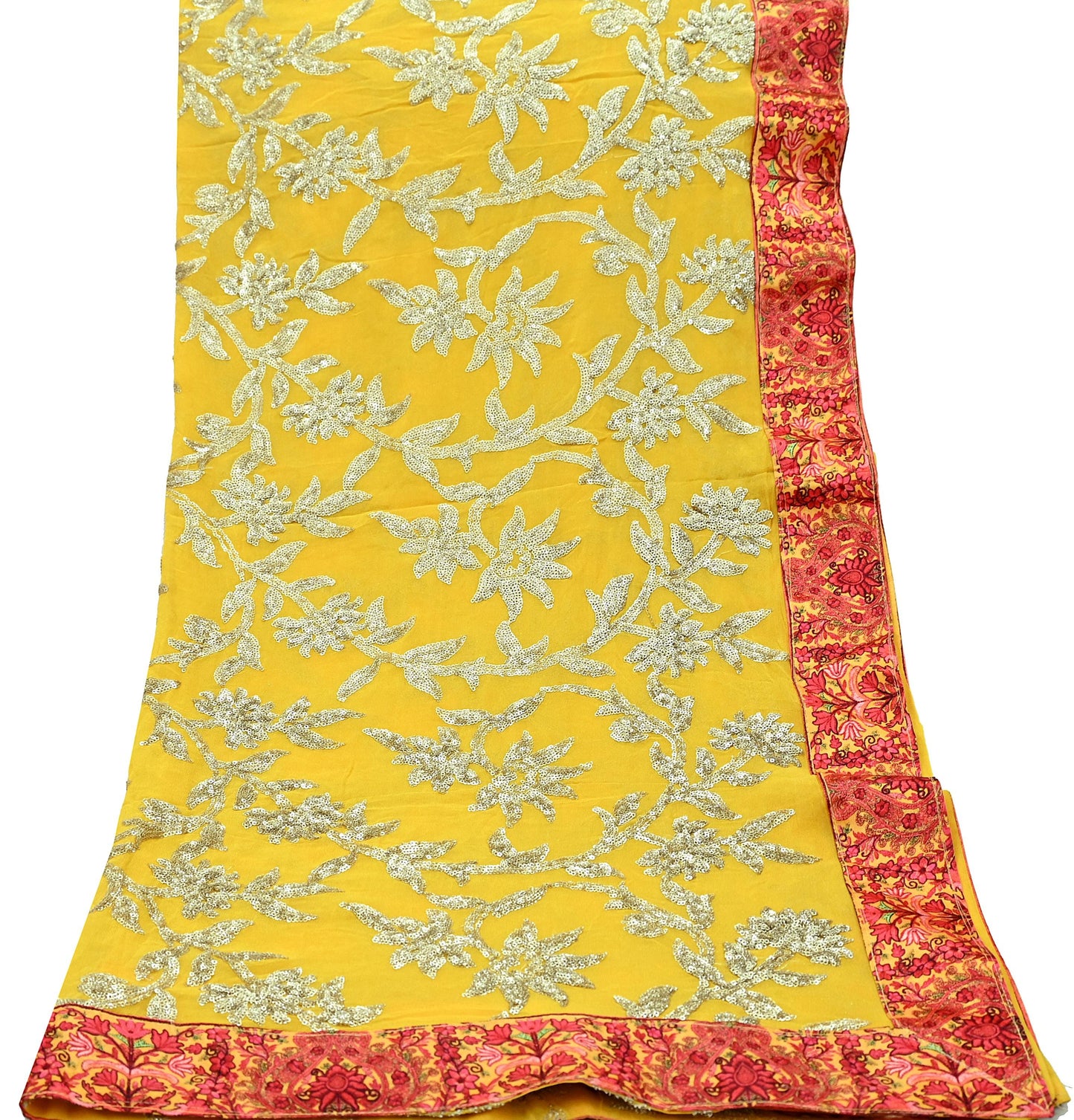 Indian Vintage Dupatta Yellow Pure Georgette silk Long Stole Embroidered Scarves Stole Veil Wrap Sequins
