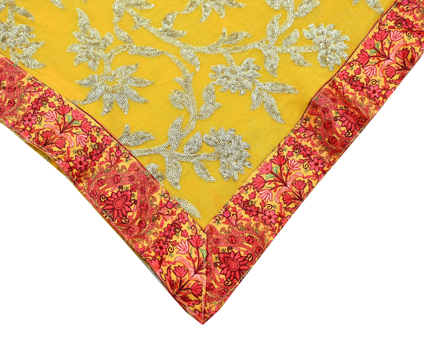 Indian Vintage Dupatta Yellow Pure Georgette silk Long Stole Embroidered Scarves Stole Veil Wrap Sequins