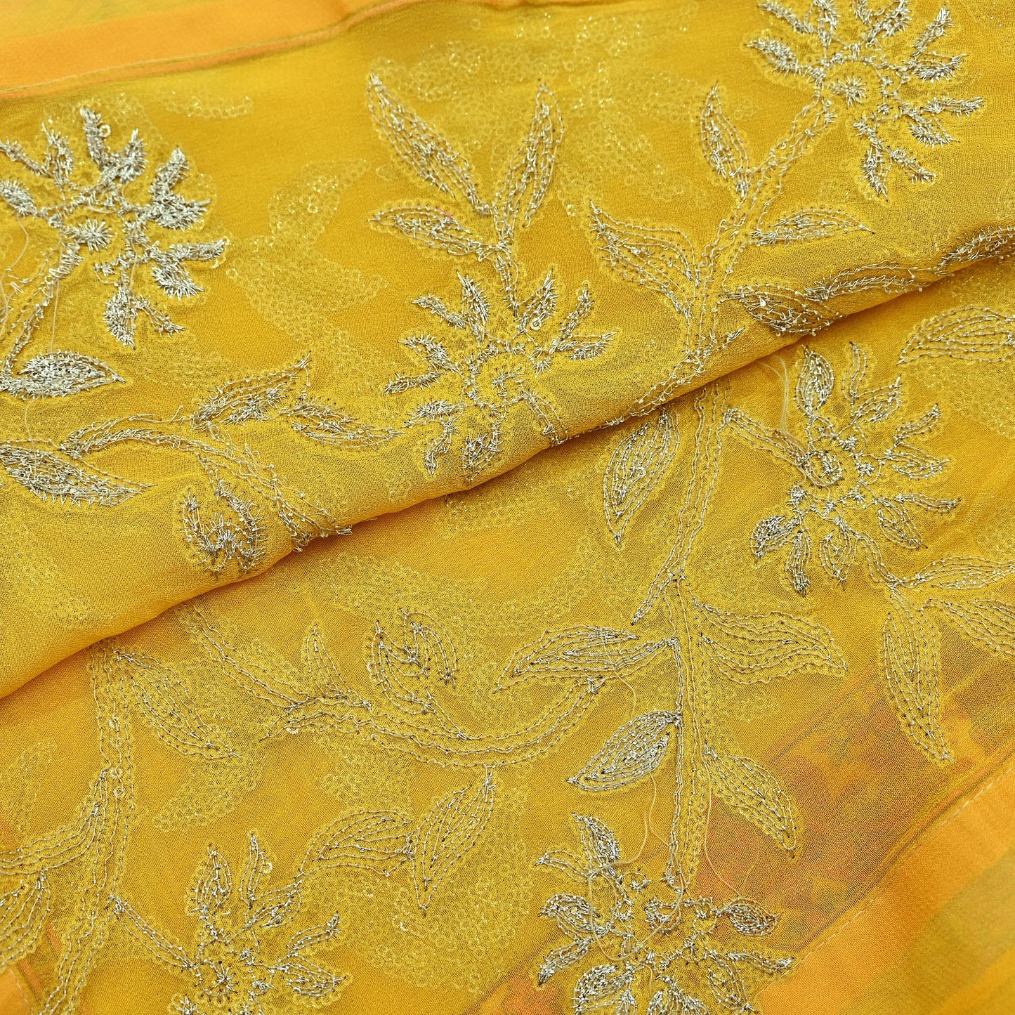 Indian Vintage Dupatta Yellow Pure Georgette silk Long Stole Embroidered Scarves Stole Veil Wrap Sequins