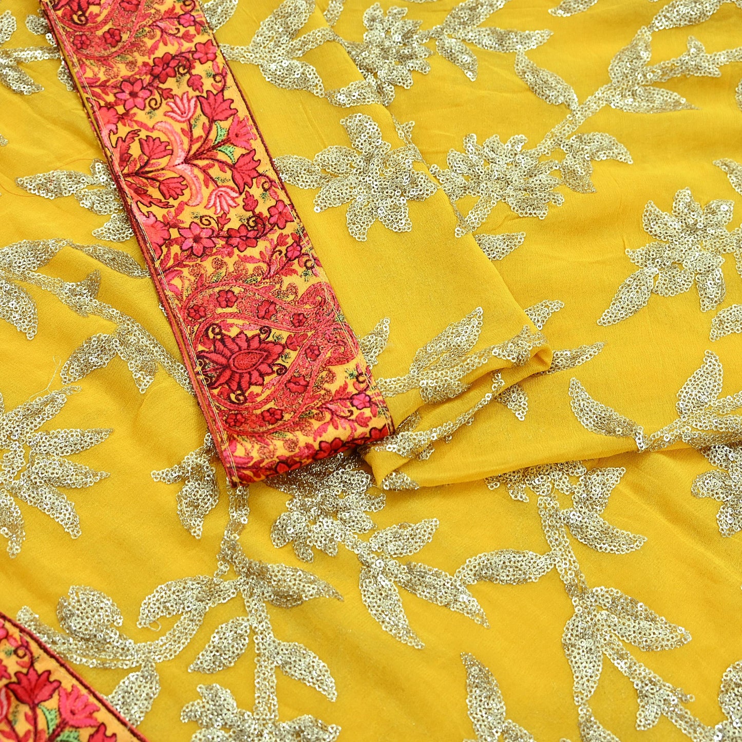 Indian Vintage Dupatta Yellow Pure Georgette silk Long Stole Embroidered Scarves Stole Veil Wrap Sequins