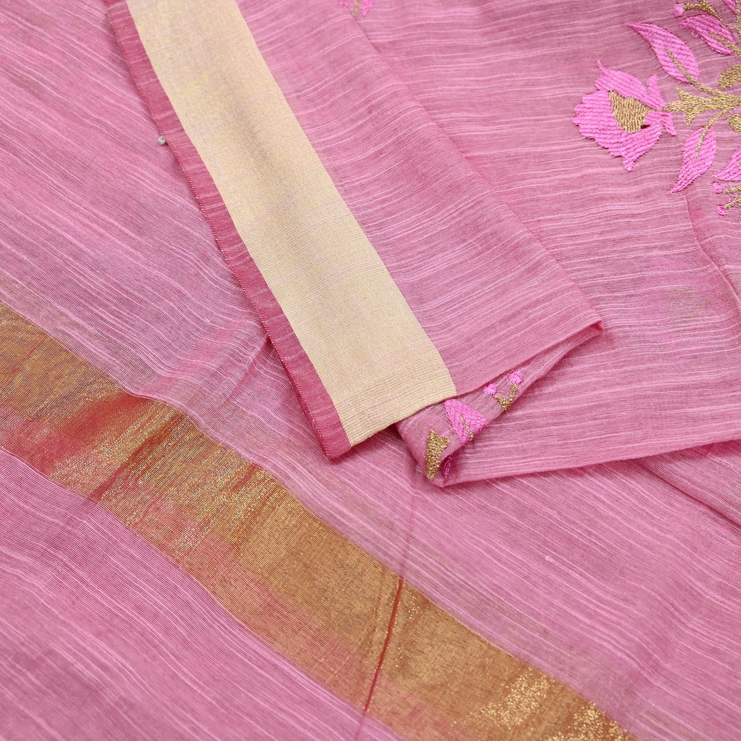 Indian Vintage Dupatta Pink Long Stole Hand Woven Chanderi Scarf Veil Soft Floral Zari Fringes