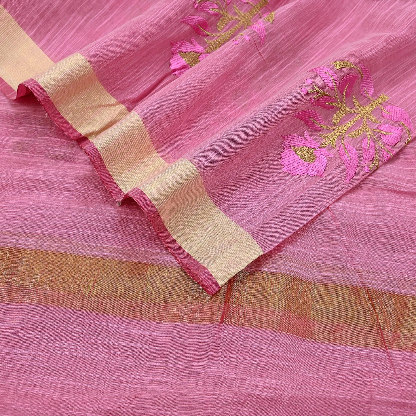 Indian Vintage Dupatta Pink Long Stole Hand Woven Chanderi Scarf Veil Soft Floral Zari Fringes