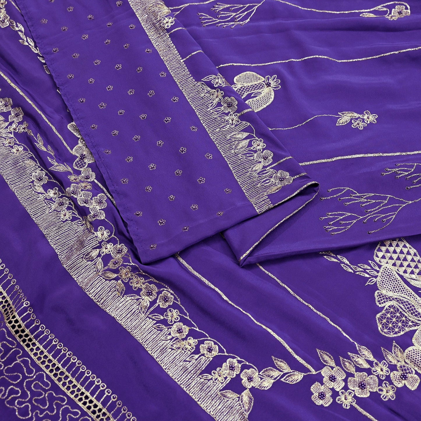 Indian Vintage Heavy Sarees Purple Pure Crepe Silk Hand Embroidered Sari Craft Fabric 5Yd Sewing Zardozi/Dabka Dress making