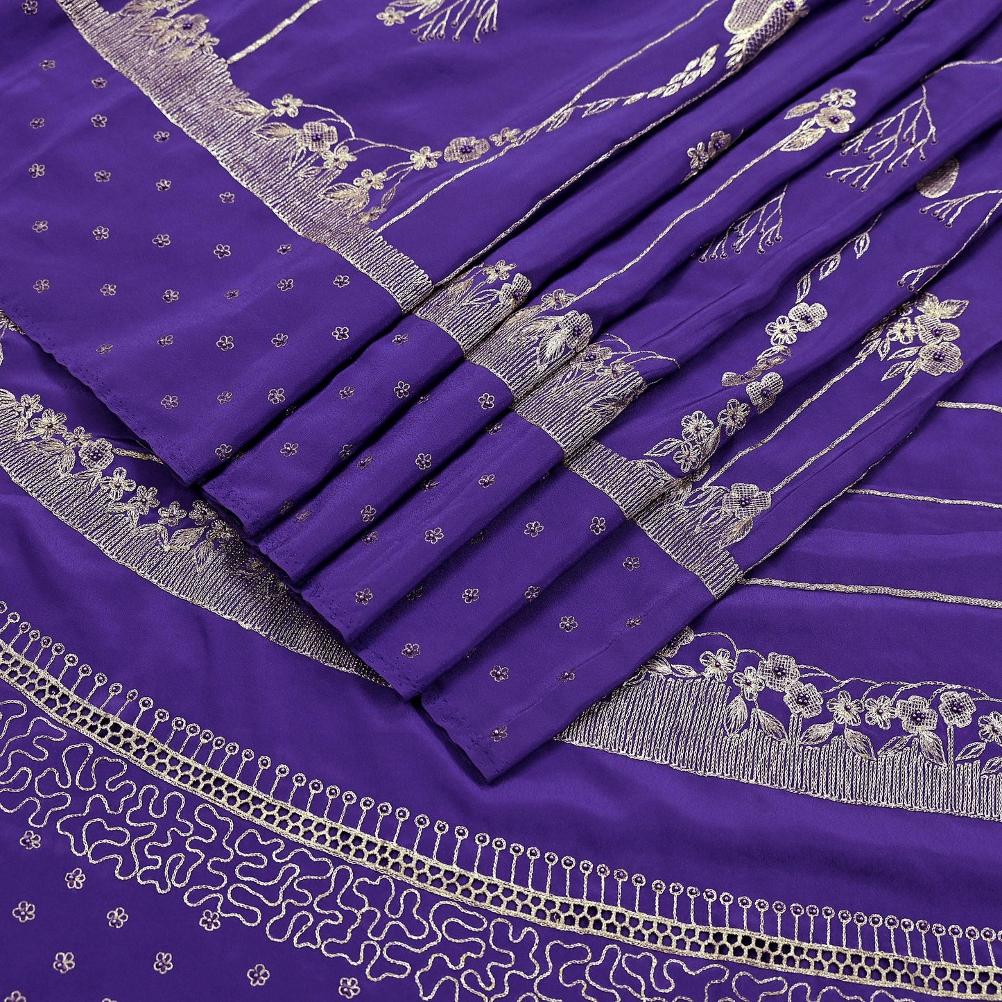Indian Vintage Heavy Sarees Purple Pure Crepe Silk Hand Embroidered Sari Craft Fabric 5Yd Sewing Zardozi/Dabka Dress making