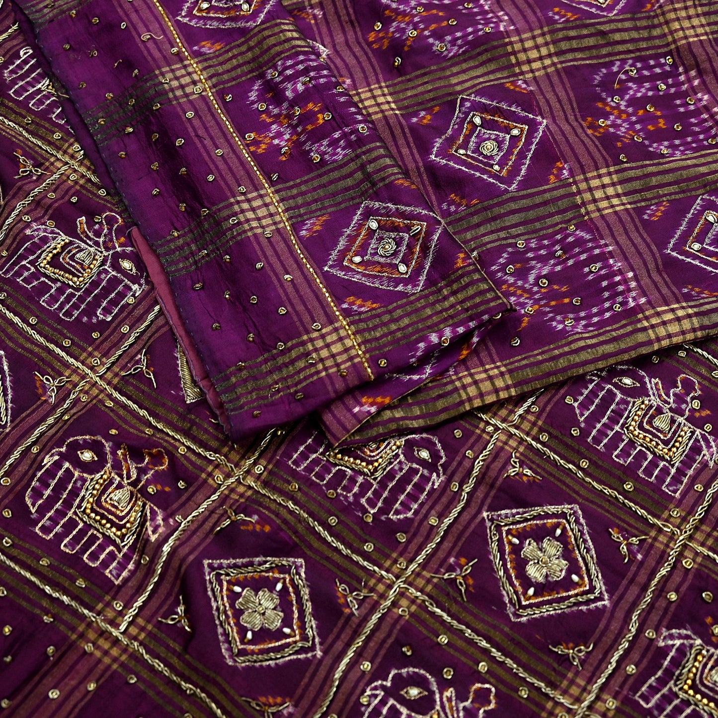 Indian Vintage Heavy Sari Purple Pure Silk Hand Embroidered Ikat Saree 5Yd Craft Fabric Ethnic Zardozi Zari Wedding Sarees Dress making