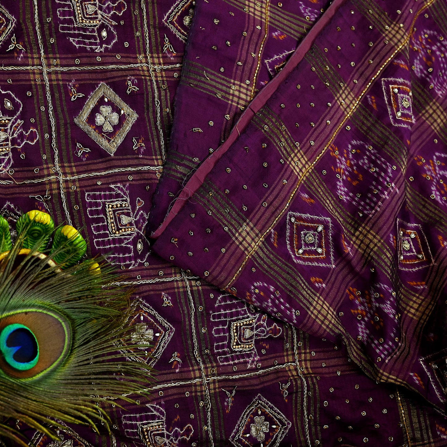 Indian Vintage Heavy Sari Purple Pure Silk Hand Embroidered Ikat Saree 5Yd Craft Fabric Ethnic Zardozi Zari Wedding Sarees Dress making