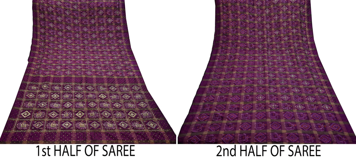 Indian Vintage Heavy Sari Purple Pure Silk Hand Embroidered Ikat Saree 5Yd Craft Fabric Ethnic Zardozi Zari Wedding Sarees Dress making
